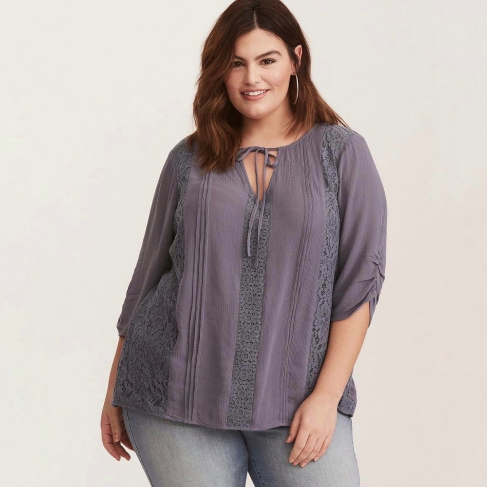 Torrid Grey Gauze Lace Inset Tie Front‎ Blouse